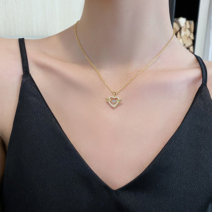 Rockyu ネックレス レディース ハート＆ウィング CZ ピンクゴールド ゴールド 鎖骨チェーン