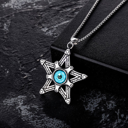 Rockyu メンズネックレス 悪魔の目と星モチーフのステンレスペンダント