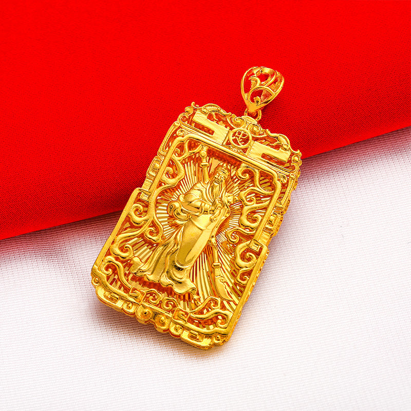 Rockyu メンズネックレス ゴールド 18金メッキ ペンダント 関公モチーフ プレートデザイン お守り風アクセサリー