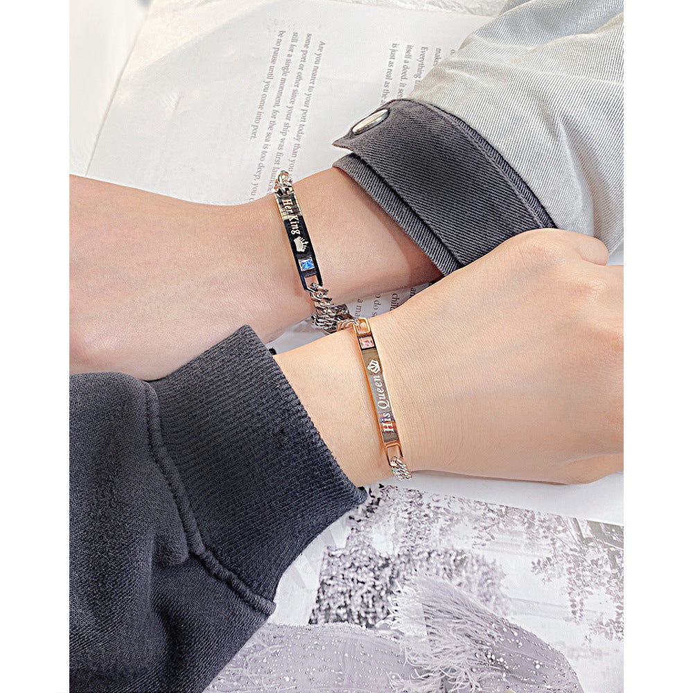 Rockyu ペアブレスレット Her King & His Queen チタンチェーン ジルコニア付