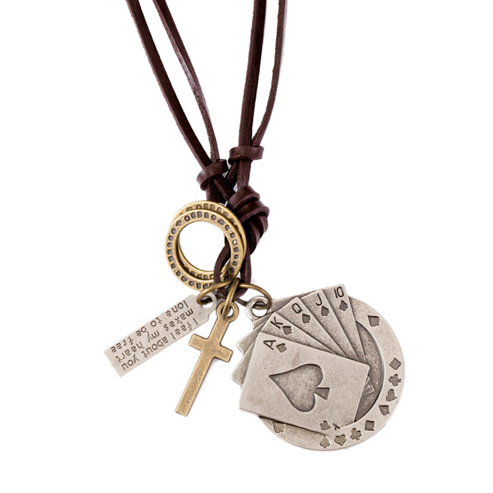 Rockyu ネックレス メンズ レザー 紐 ペンダント 十字架 トランプモチーフ ステンレス ヴィンテージ アクセサリー