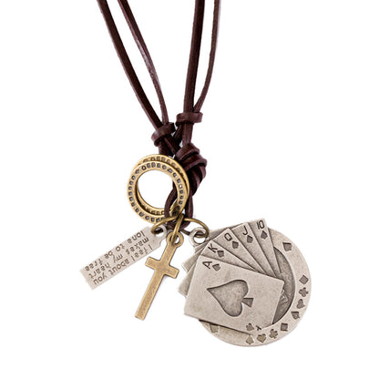 Rockyu ネックレス メンズ レザー 紐 ペンダント 十字架 トランプモチーフ ステンレス ヴィンテージ アクセサリー