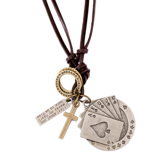 Rockyu ネックレス メンズ レザー 紐 ペンダント 十字架 トランプモチーフ ステンレス ヴィンテージ アクセサリー