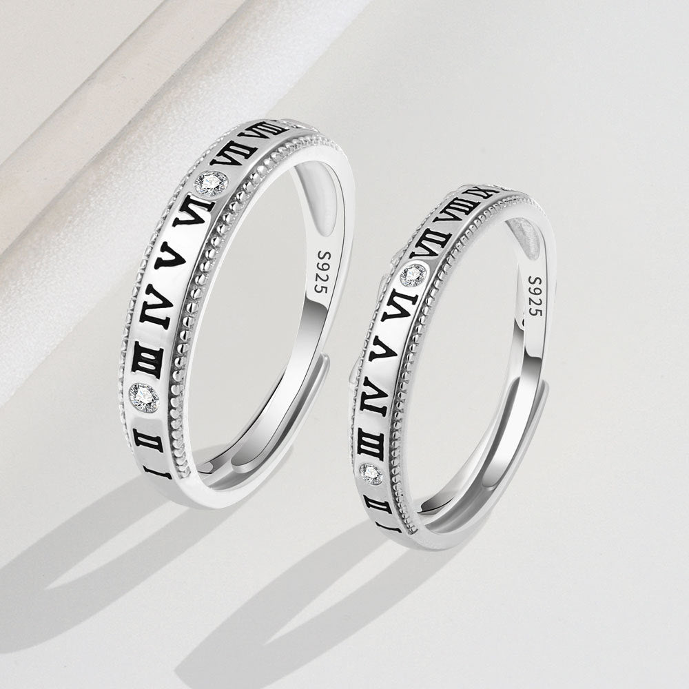 Rockyu ペアリング カップル用 ローマ数字刻印 シルバー925 フリーサイズリング