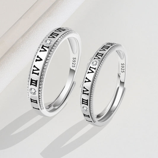 Rockyu ペアリング カップル用 ローマ数字刻印 シルバー925 フリーサイズリング