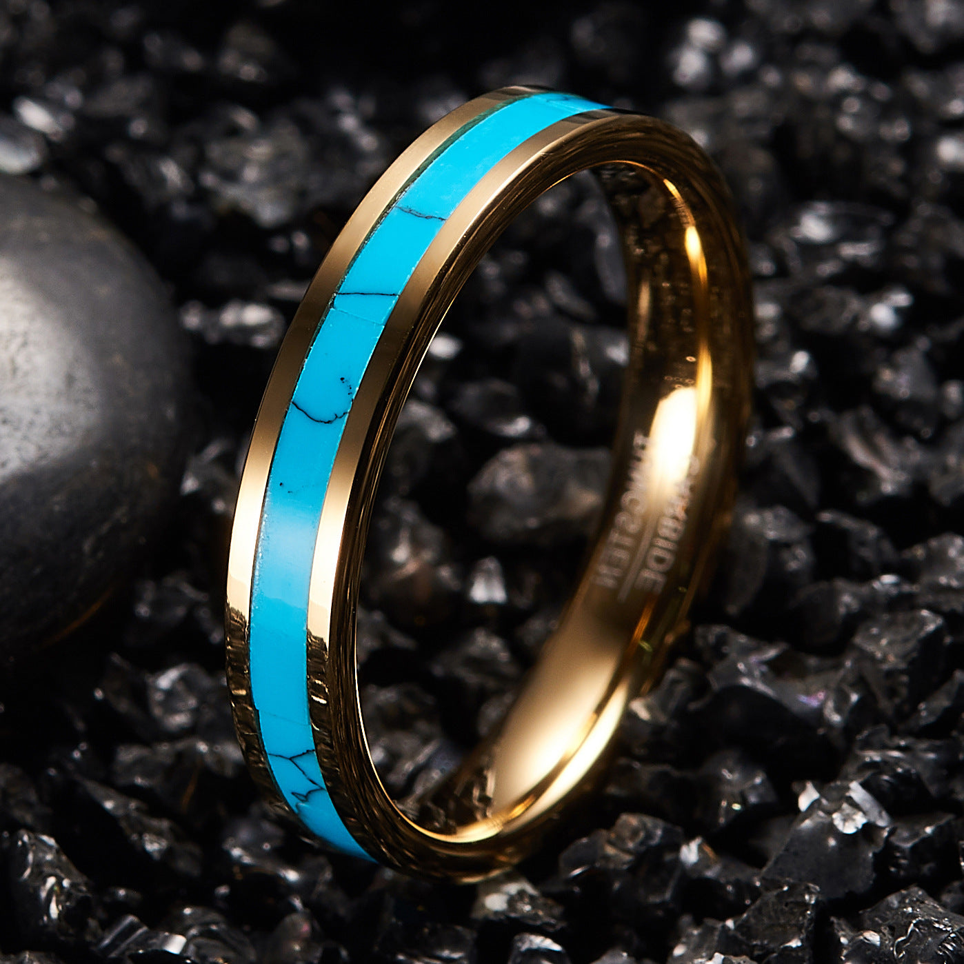 Rockyu タングステン ゴールド×ターコイズインレイリング 4mm幅 メンズ レディース ユニセックス