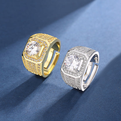 Rockyu メンズリング ゴールド＆シルバー調 大粒ジルコニア フリーサイズ 幅広デザイン