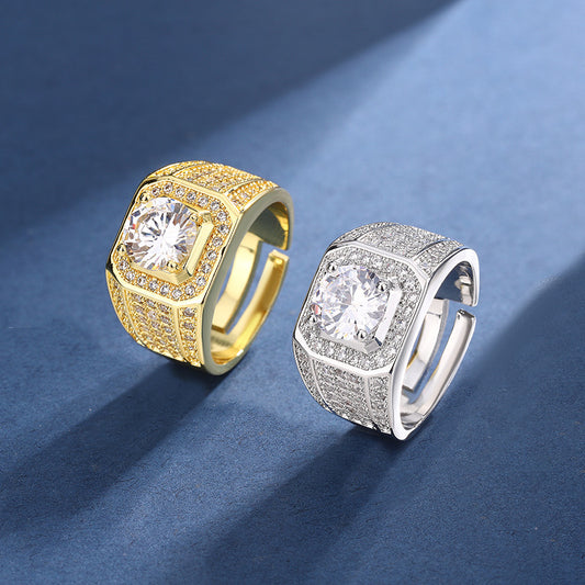 Rockyu メンズリング ゴールド＆シルバー調 大粒ジルコニア フリーサイズ 幅広デザイン