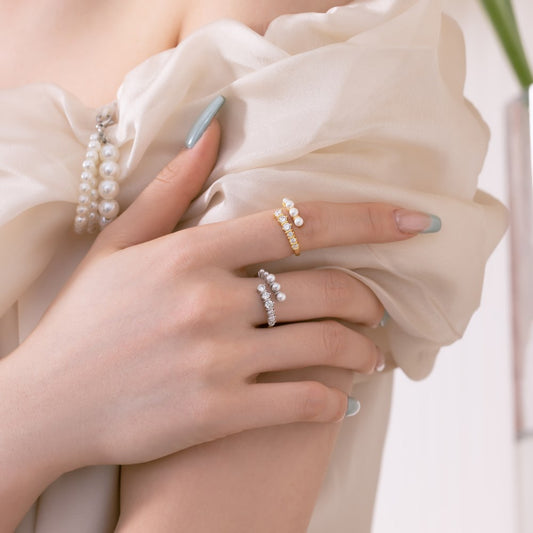 Rockyu レディースリング フリーサイズ パールとストーンが輝く華やか指輪