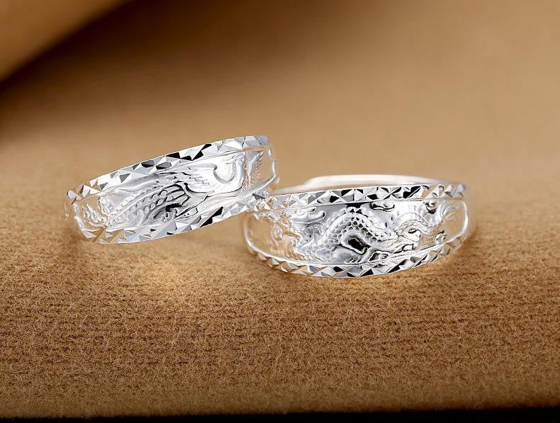 Rockyu 龍鳳彫りリング メンズ フリーサイズ シルバー調 幸運モチーフ リング