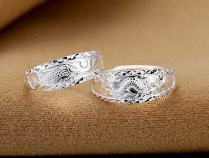 Rockyu 龍鳳彫りリング メンズ フリーサイズ シルバー調 幸運モチーフ リング