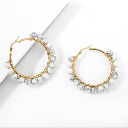 Rockyu フープピアス レディース 天然石 ターコイズ ホワイトムーンストーン ゴールド ワイヤーラップ 大ぶりピアス ギフト 誕生日 クリスマス