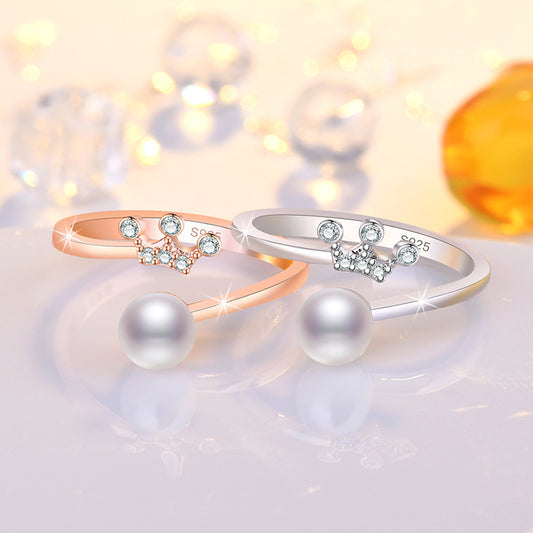 Rockyu レディース フリーサイズ指輪 王冠パールリング 上品デザイン