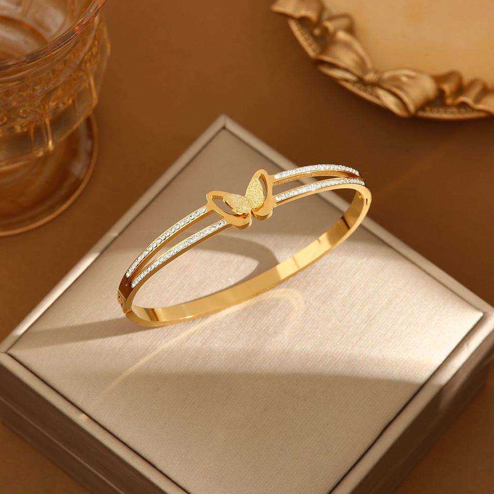 Rockyu ブレスレット レディース 蝶モチーフ ジルコニア入り 18Kピンクゴールド チタン製