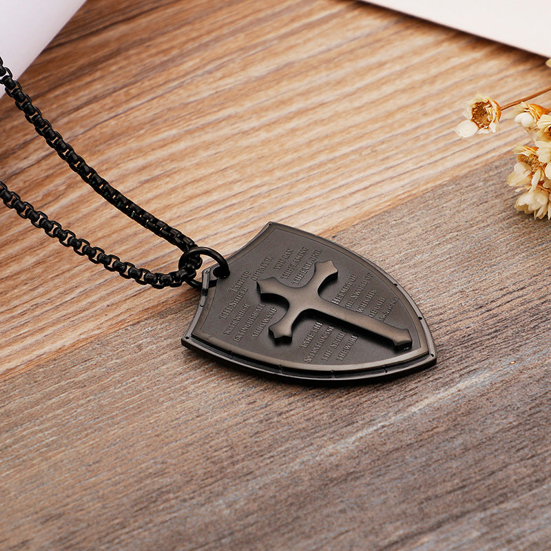 Rockyu 十字架 ネックレス メンズ ステンレス 盾ペンダント 経文刻印 クロス 厄除け お守り 開運 ギフト