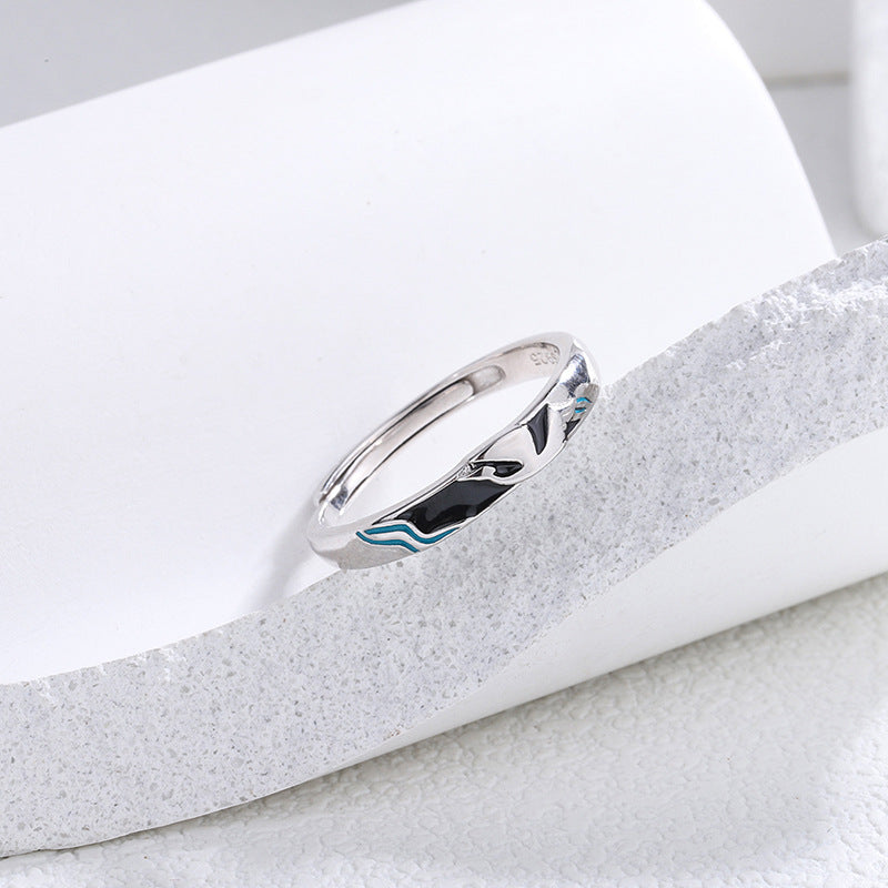 Rockyu 指輪 レディース フリーサイズ シルバー925 波・月モチーフ ブルーエナメル ペアリング風デザイン