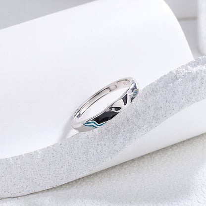 Rockyu 指輪 レディース フリーサイズ シルバー925 波・月モチーフ ブルーエナメル ペアリング風デザイン