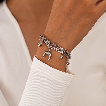 Rockyu ブレスレット レディース ステンレス シルバー 月モチーフ 鈴チャーム 多連チェーンブレスレット サイズ調整可能 ファッションアクセサリー