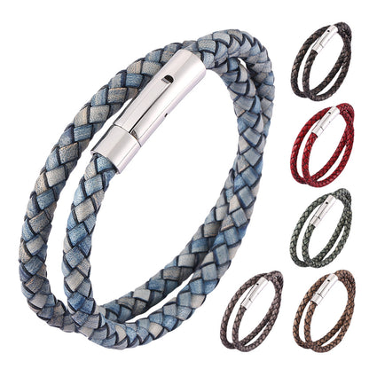 Rockyu ブレスレット メンズ レディース 本革 二連編み込み ステンレス磁気ボタン ブラウン ニューヨークスタイル