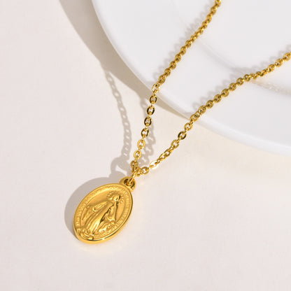 Rockyu ネックレス レディース ゴールド 聖母マリア 楕円ペンダント チタン製 50cmチェーン 金属アレルギー対応