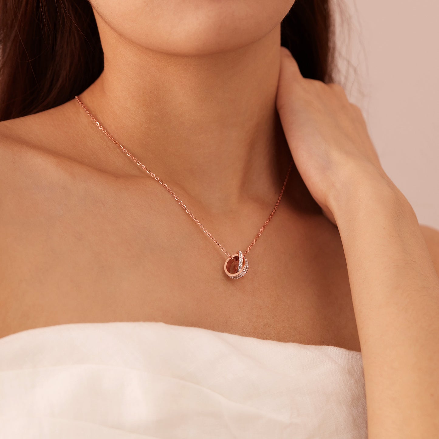 Rockyu ネックレス レディース ピンクゴールド 2連リングペンダント CZ輝石付き