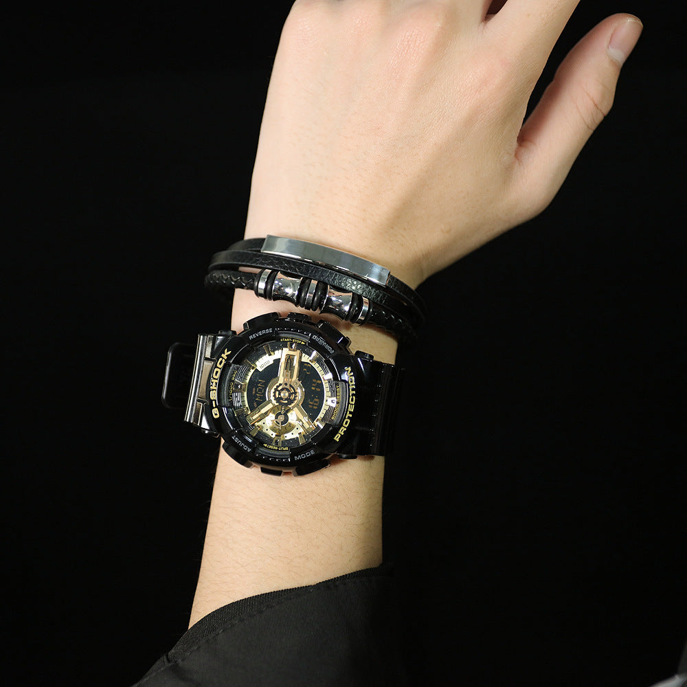 Rockyu メンズ三層レザーブレスレット ブラック ステンレス 編込みチェーン バングル