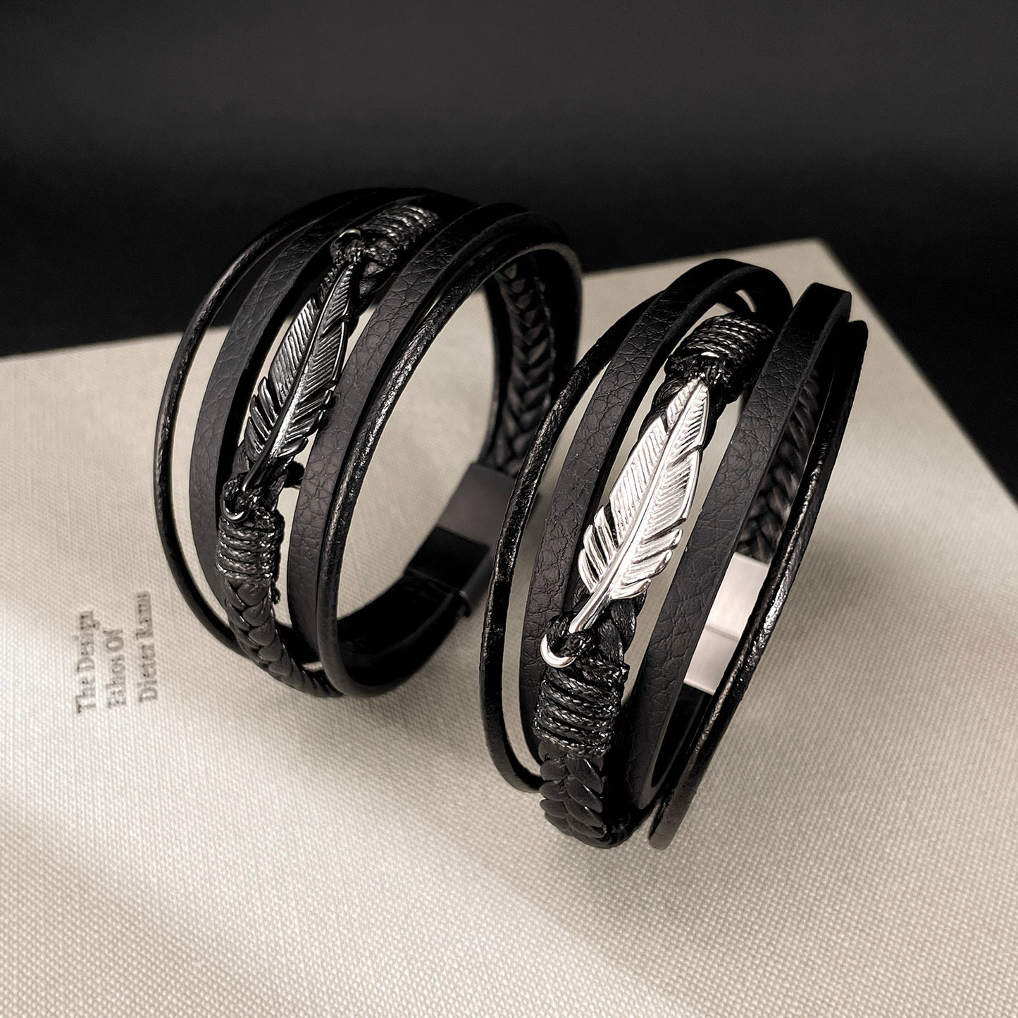 Rockyu メンズブレスレット 本革×ステンレス 羽モチーフ 編み込みデザイン