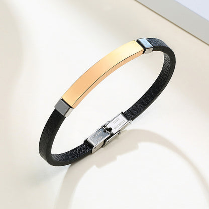 Rockyu ブレスレット メンズ 本革 プレートデザイン ステンレス製 金属アレルギー対応 レザーバングル