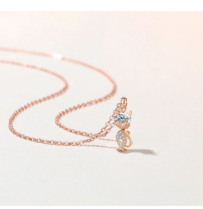 Rockyu ネックレス レディース 猫モチーフ シルバー925 ジルコニア CZダイヤ 一粒 純銀製 ペンダント