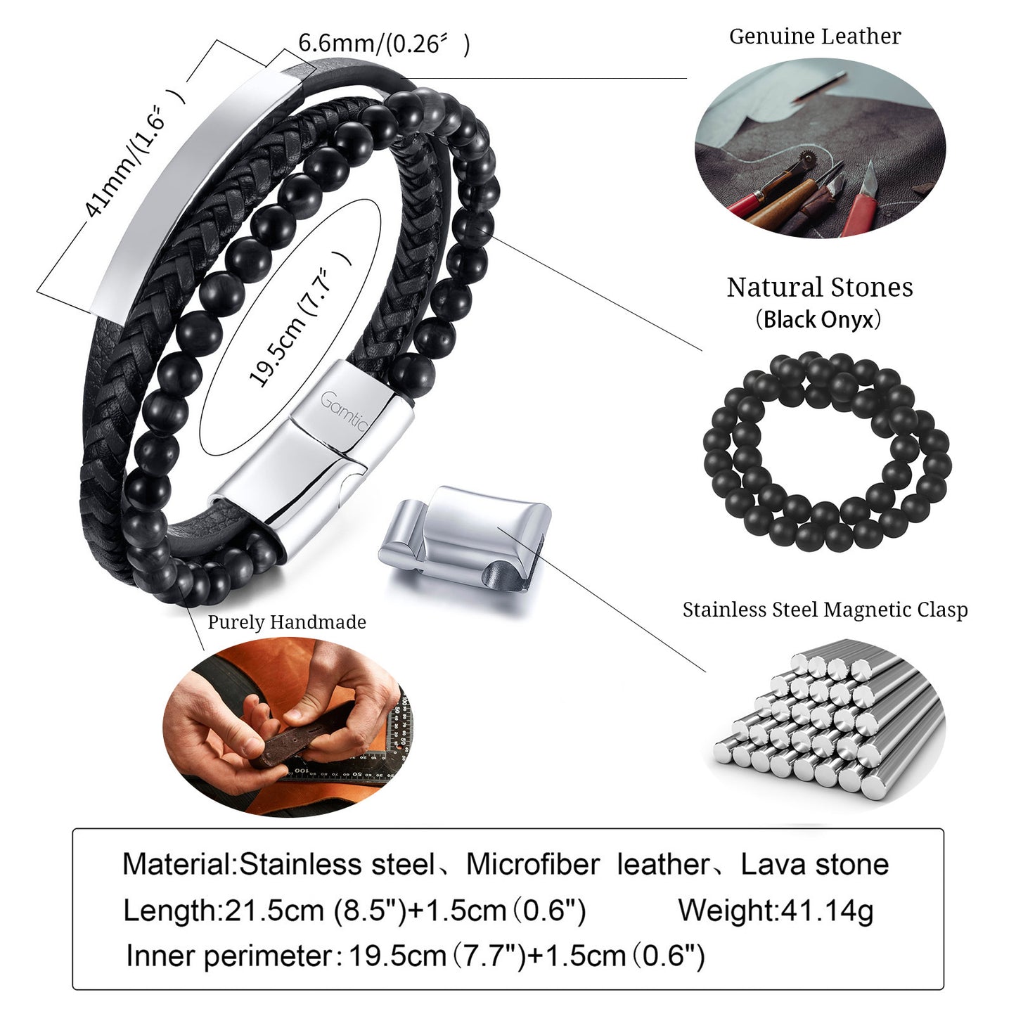 Rockyu ブレスレット メンズ レディース レザー ブラック ステンレス 3連 編み込み ビーズ 腕輪