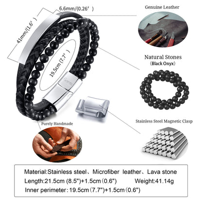 Rockyu ブレスレット メンズ レディース レザー ブラック ステンレス 3連 編み込み ビーズ 腕輪