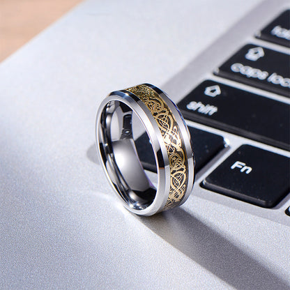 Rockyu タングステン 龍紋デザインリング メンズ レディース 幅6mm 8mm シルバー ゴールド ブルー