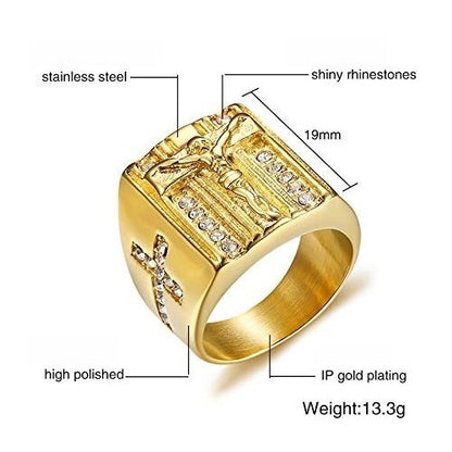 Rockyu メンズ印台リング ステンレス 幅広デザイン IPゴールド 高輝度ラインストーン 金属アレルギー対応