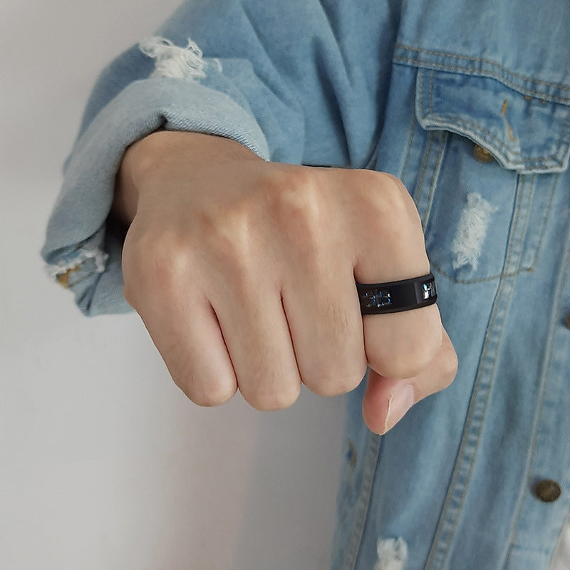 Rockyu メンズリング ステンレス製 炭素繊維チェック＆刻印デザイン シルバー×ブラック