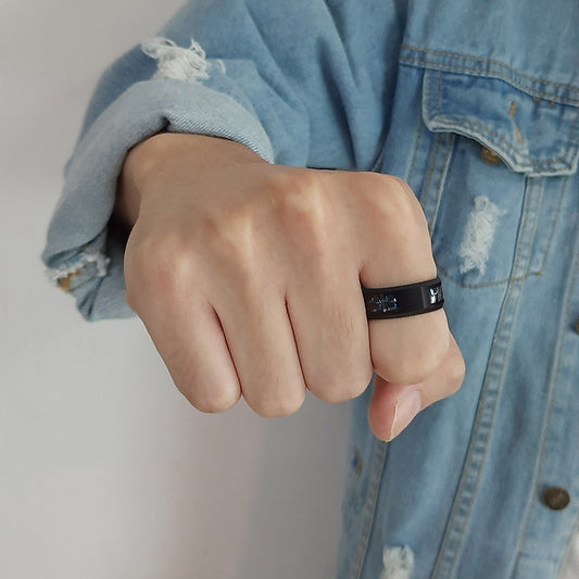 Rockyu メンズリング ステンレス製 炭素繊維チェック＆刻印デザイン シルバー×ブラック