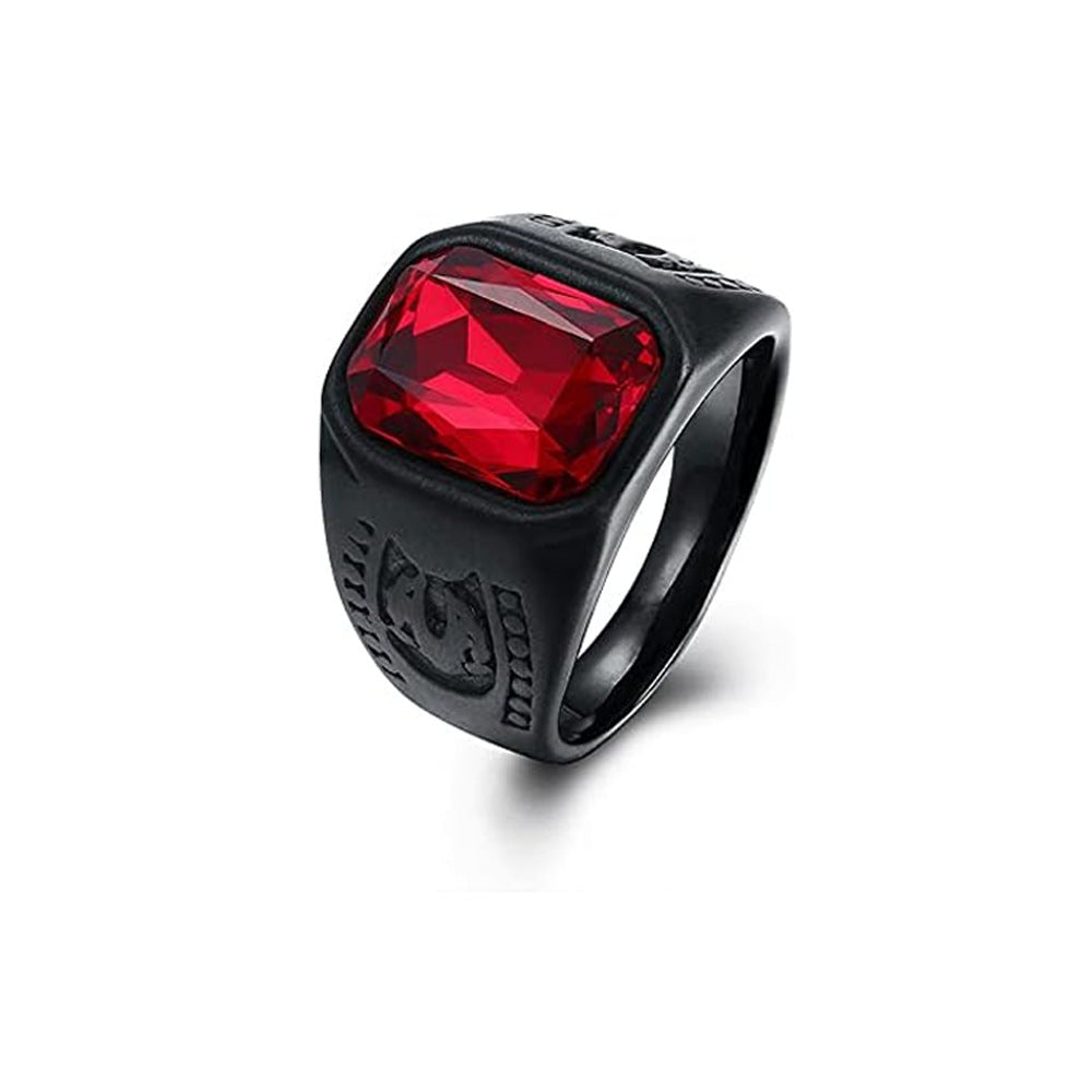 Rockyu ブラックガンメッキ メンズリング レッドガラスストーン 幅広印台デザイン