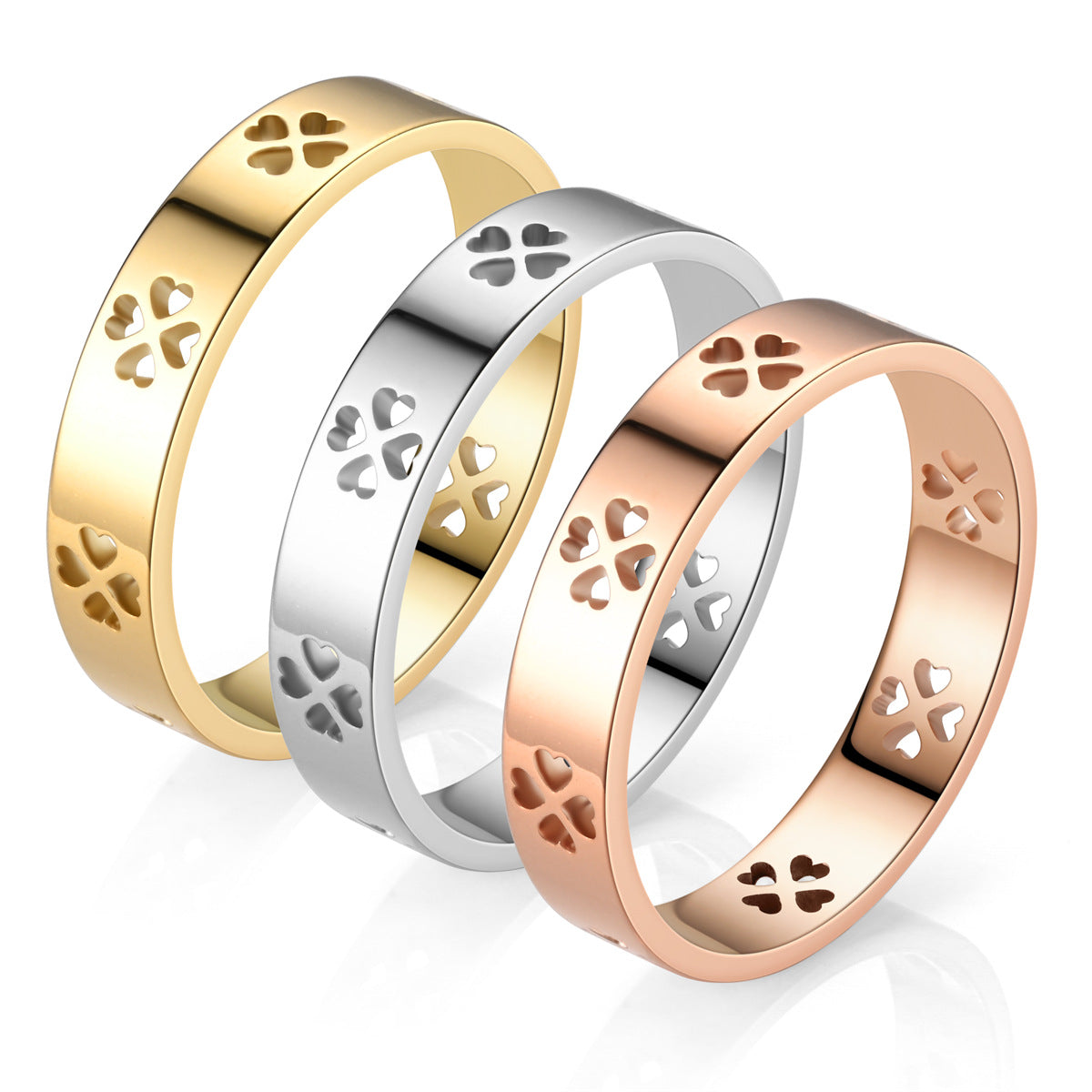 Rockyu レディースリング ハートクローバー柄 ピンクゴールド 4mm ステンレス製