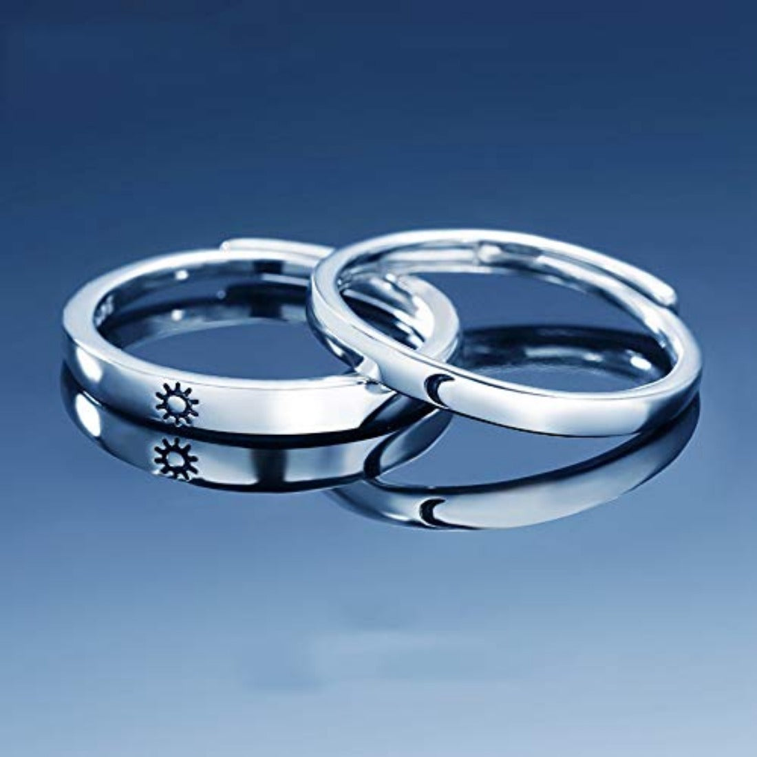 Rockyu 月と太陽の刻印リング ペア風デザイン フリーサイズ シルバー925指輪