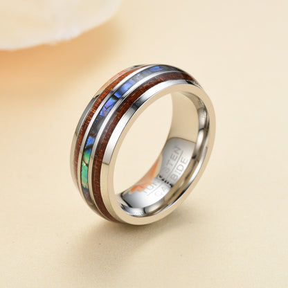 Rockyu メンズリング 幅広 8mm タングステン アワビシェル & 木目インレイ 男女兼用