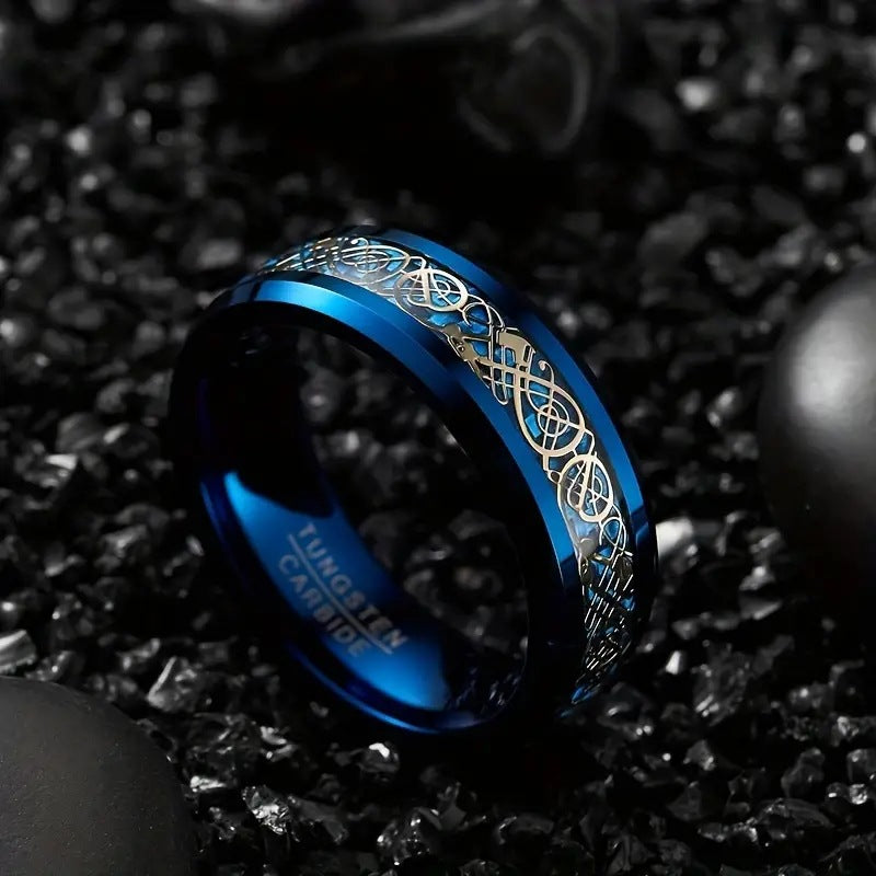 Rockyu タングステン リング メンズ 指輪 ゴールド龍紋×ブルーカーボン 8mm