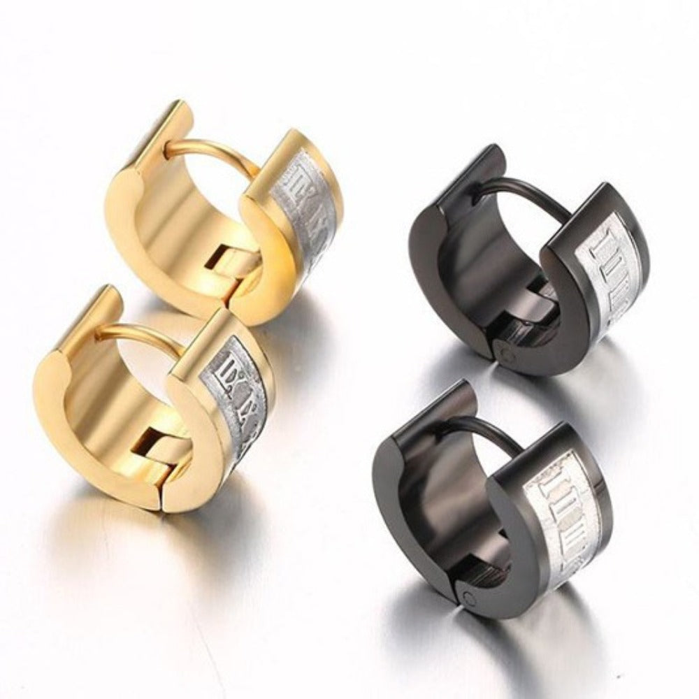 Rockyu ピアス メンズ ブラック 幅広リング ローマ数字デザイン フープピアス ステンレス 金属アレルギー対応