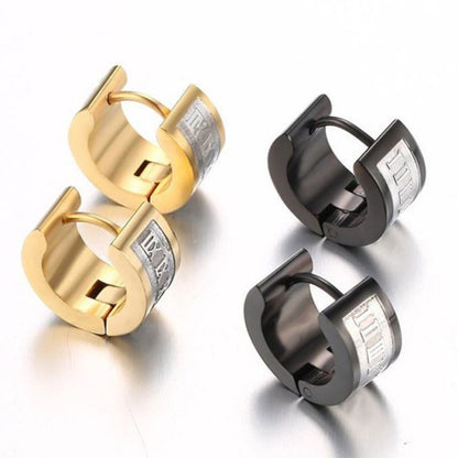 Rockyu ピアス メンズ ブラック 幅広リング ローマ数字デザイン フープピアス ステンレス 金属アレルギー対応