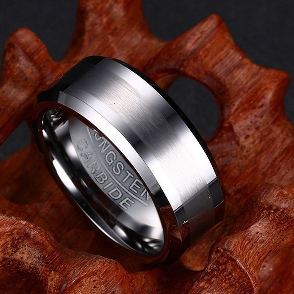 Rockyu メンズ タングステンリング 8mm 平打ち・艶消しデザイン シルバー＆ブラック