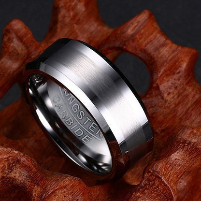 Rockyu メンズ タングステンリング 8mm 平打ち・艶消しデザイン シルバー＆ブラック