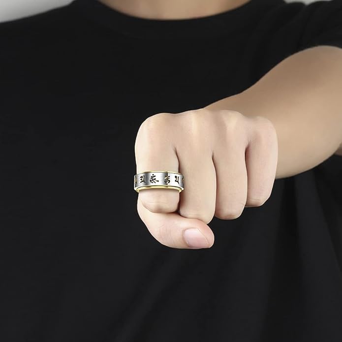 Rockyu メンズ ステンレススピナーリング 六字真言デザイン 8mm幅 3色展開