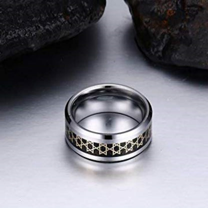 Rockyu タングステンリング メンズ 8mm 幅広 カーボンファイバー×ゴールド 六芒星デザイン