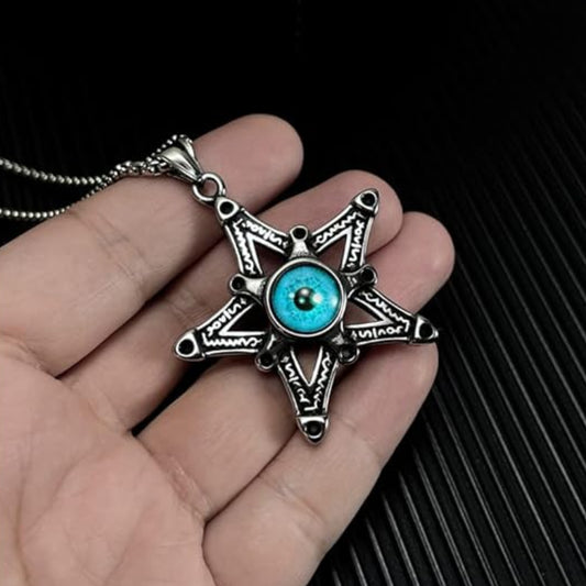 Rockyu メンズネックレス 悪魔の目と星モチーフのステンレスペンダント