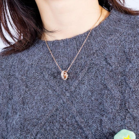 Rockyu ネックレス レディース ピンクゴールド 2連リングペンダント CZ輝石付き