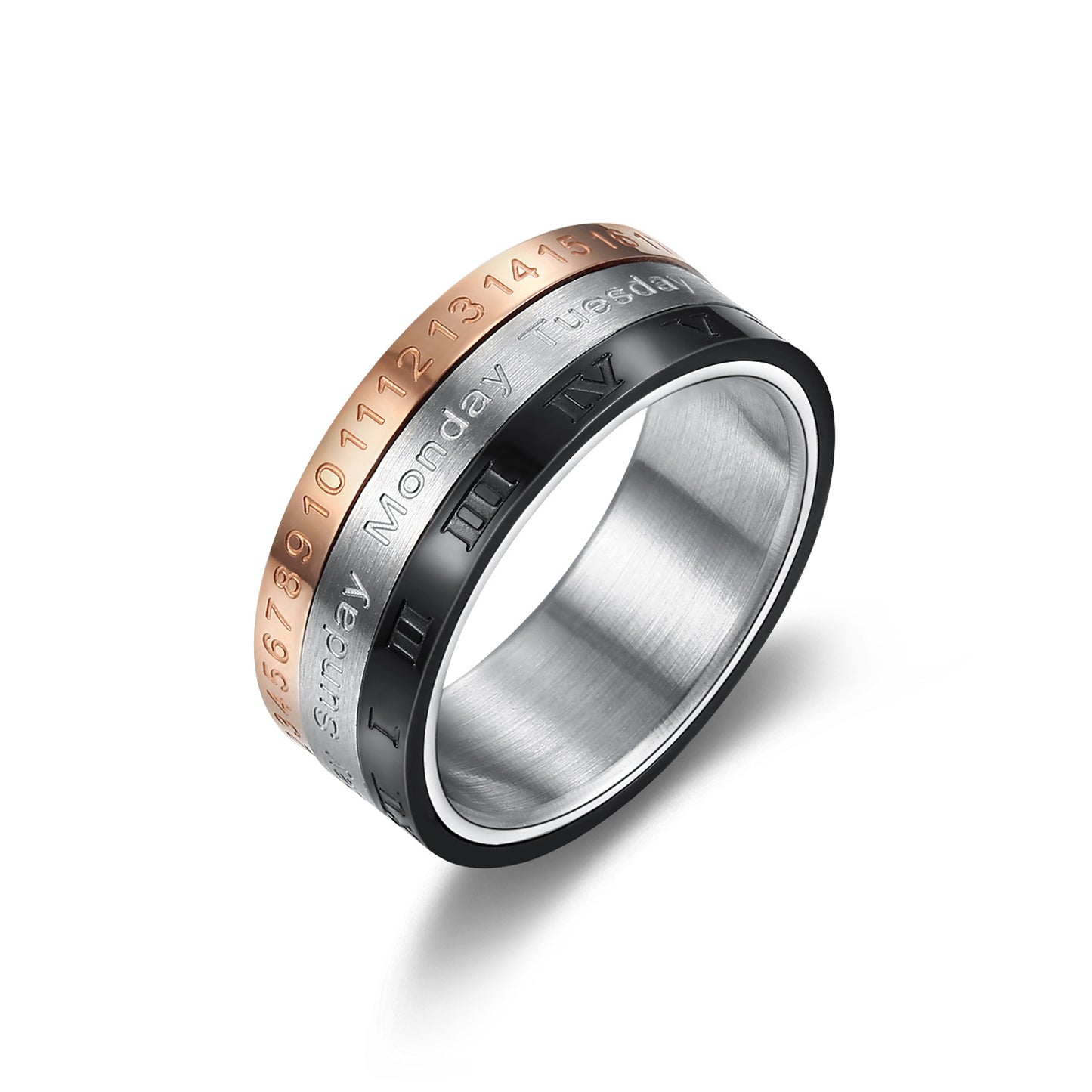 Rockyu 回転リング メンズ ステンレス製 8mm幅 ローマ数字＆曜日刻印 ブラック×ローズゴールド
