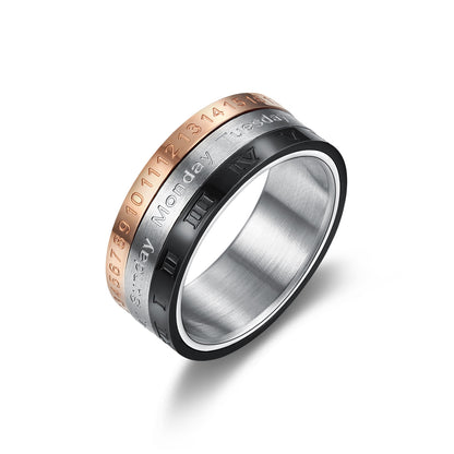 Rockyu 回転リング メンズ ステンレス製 8mm幅 ローマ数字＆曜日刻印 ブラック×ローズゴールド